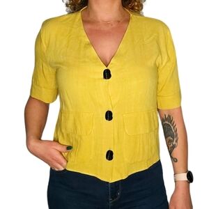 Topshop Wooden Button-Up V-Neck Short Sleeve Top Size 8 Yellow